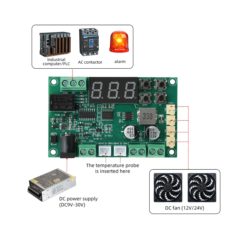 DC 9V 30V Fan Temperature Controller Module Stepless Speed Regulation With Relay Switch Dual Temperature Probe For 12V 24V