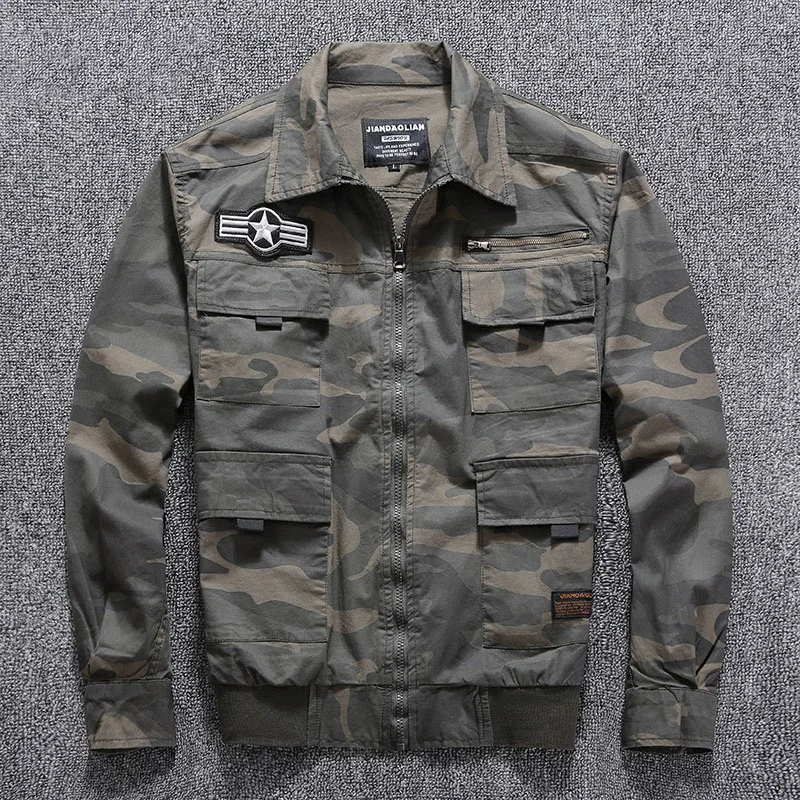 Mens Camo Cargo Jacket Multi-pockets Loose Military Outdoor Casual Outerwear Camouflage Sports