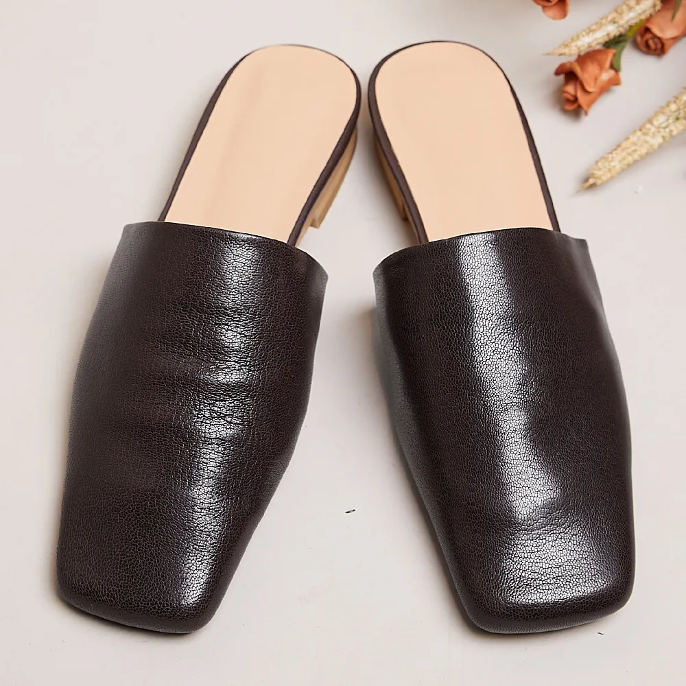 Women\'s genuine leather square toe slip-on flats summer slippers soft comfortable casual female outdoor mules 2023 new sandals