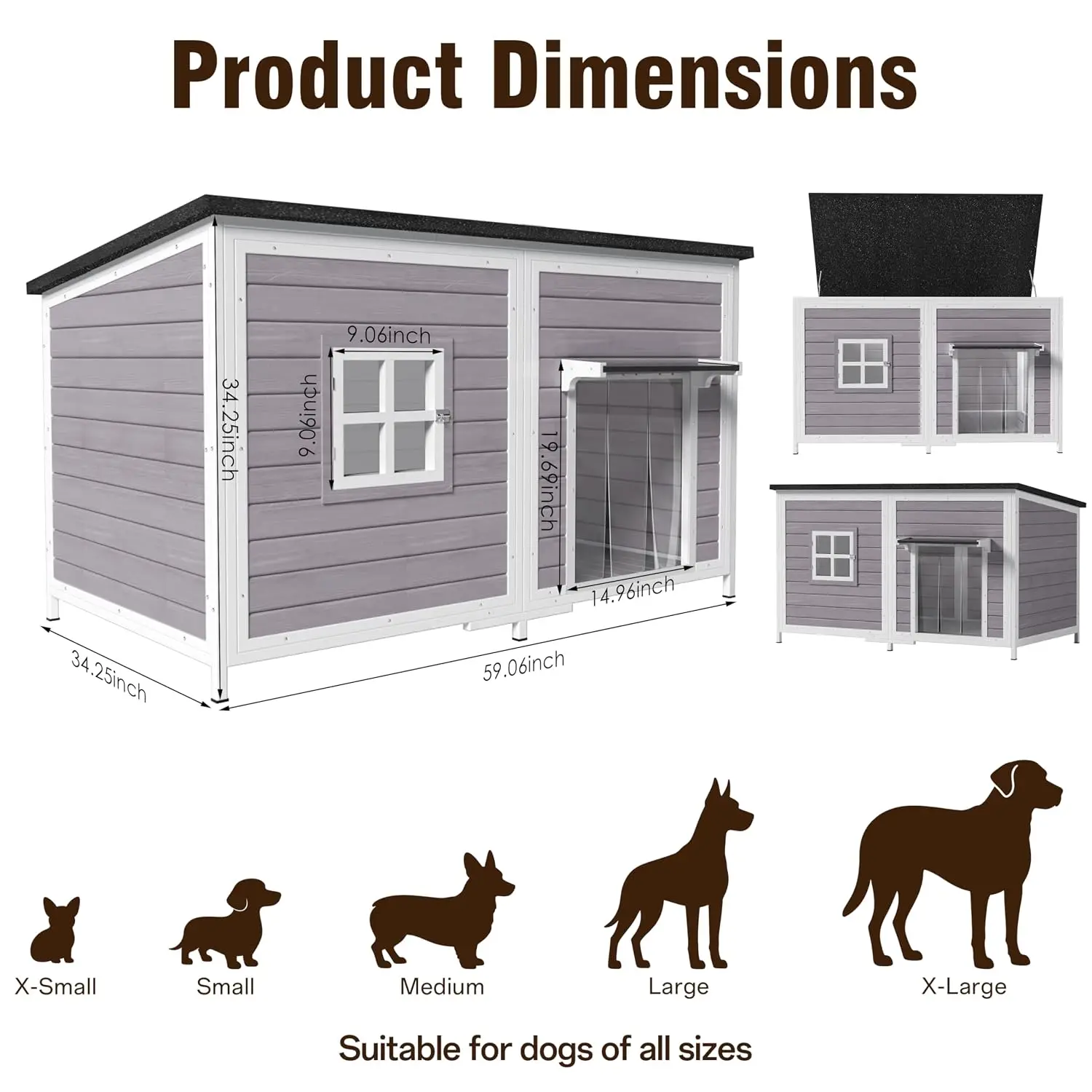 Weatherproof Wooden Dog Kennel with Anti-Chewing Metal Frame, Openable Asphalt Roof & Elevated Floor for Extra Large Dogs