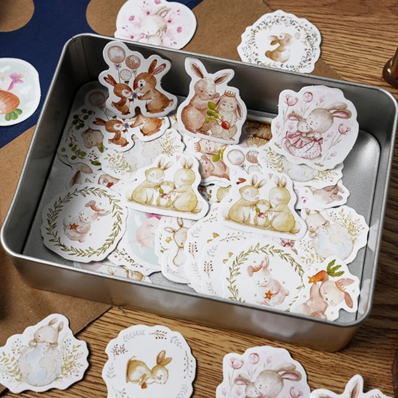 46Pcs/box Cute Retro Fairy Rabbit Family Sticker Kawaii Bunny Stationery Diary DIY Decals Scrapbook Journal Decoration Materials