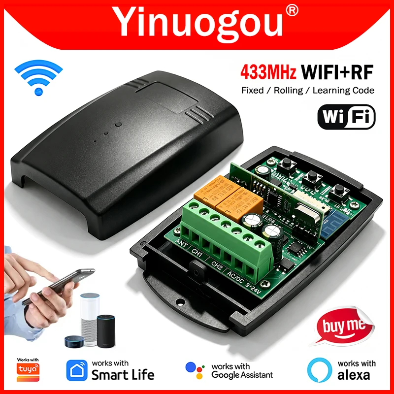 Works With Tuya WIFI Smart Switch 433MHz Universal Garage Door Remote Control Receiver 433.92MHz Fixed Rolling Code Controller