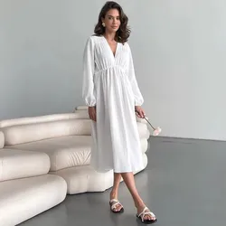 Elegant Sexy V-Neck Double-Layer Crepe Women's Dress 2026 Spring New 100% Cotton Loose Long-Sleeved Ruched Party Dresses