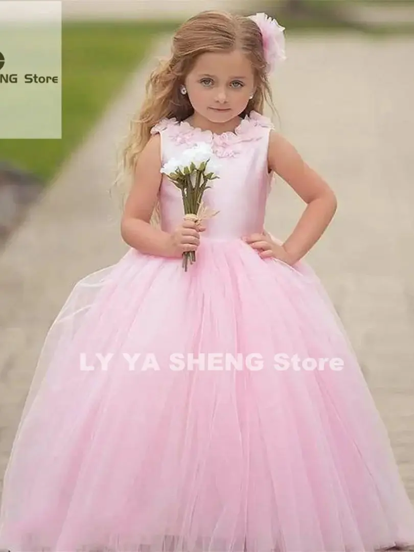 Vestido de tule floral inchado para menina, sem mangas, pérolas frisadas, primeiro vestido de aniversário eucarístico, florista rosa, casamento