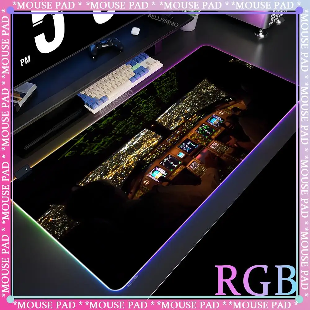 Aircraft Cockpit Oversized Mousemat RGB Gaming Keyboard Pad Locking Edge DeskPad Rubber City Night Moon Scene Luminous Mouse Pad