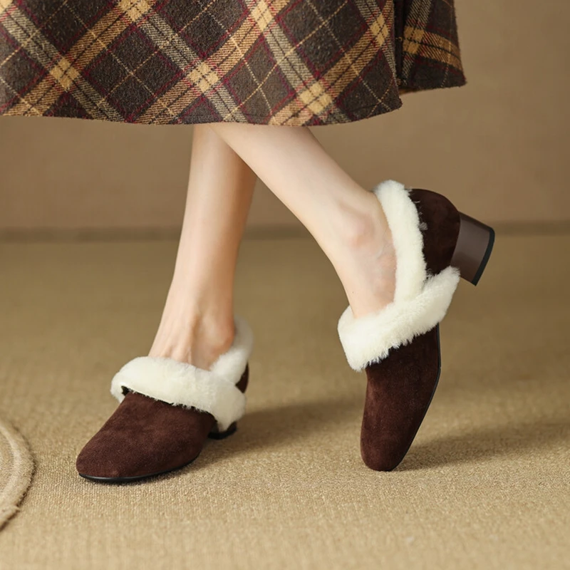 

NEW Winter Women Shoes Round Toe Chunky Heel Shoes for Women Sheep Suede Women Pumps Elegent High Heels Solid Warm Wool Shoes