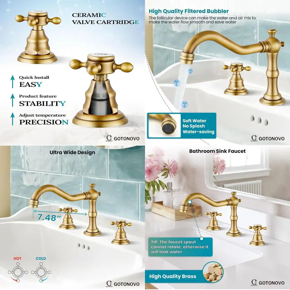 

8 Antique Brass Widespread 3-Hole Bathroom Sink Faucet with 2 Cross Handles and Pop-Up Drain