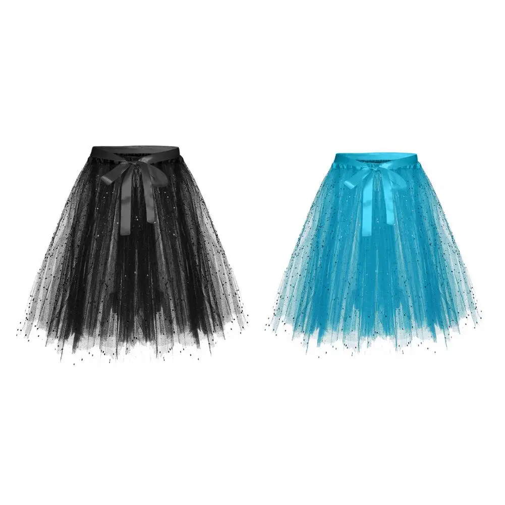 

Loose Fit Women Skirt Sparkling Sequin Mesh Skirt with Bow Detail Elastic Waistband Multi-layered A-line Design for Stage