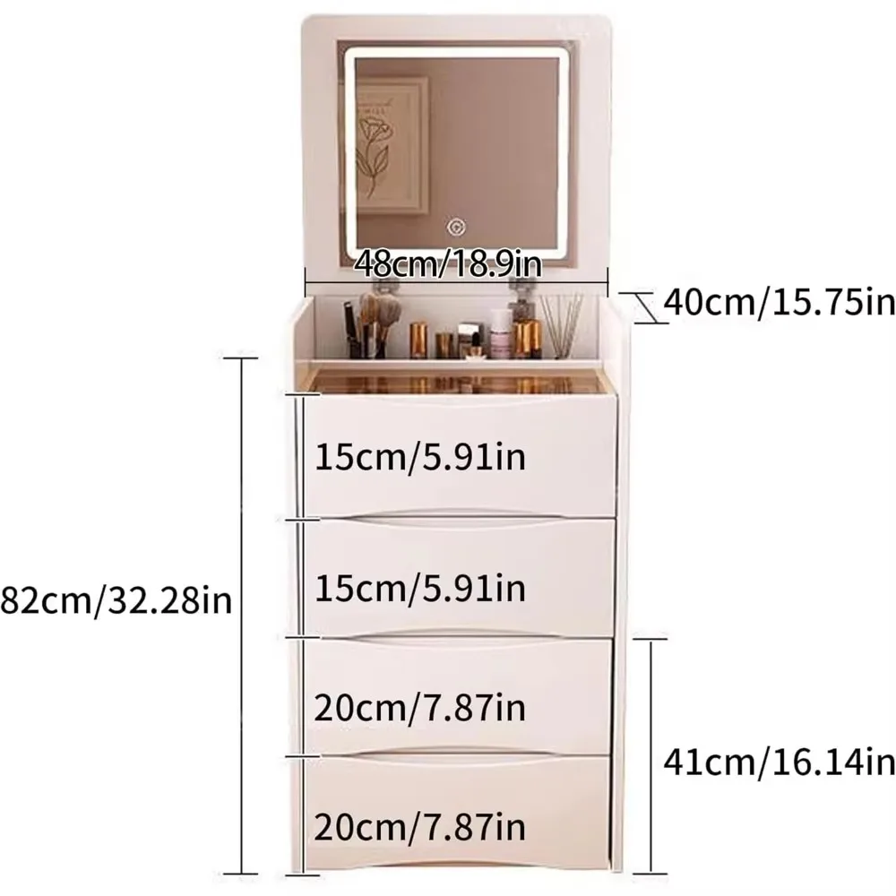 Tocador con espejo abatible, 3 cajones y taburete de almacenamiento, espejo con luz regulable en 3 colores