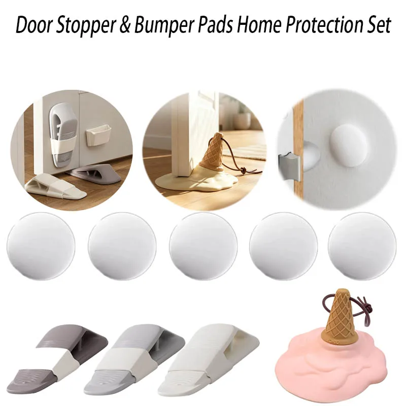 Creative Melted Ice Cream Door Stopper Set, Non Slip Door Wedge + Self Adhesive Clear Anti-Collision Bumper Pads, Home Wall Furn