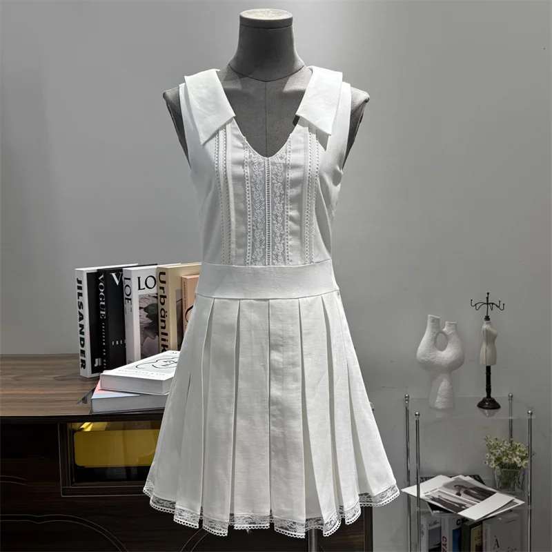 Robe femme nouvelle dentelle patchwork mini robe pour l'été 2025 mélange de coton sans manches robes courtes y2k col en v robes de soirée à carreaux