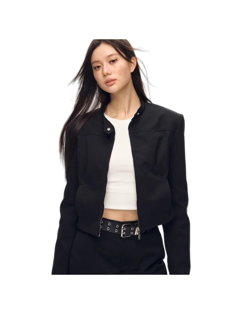 Retro Sweet Cool Women's Crop Outerwear Spring Black Jacket Stand Collar Slim Design Stylish Bomber Jacket Top
