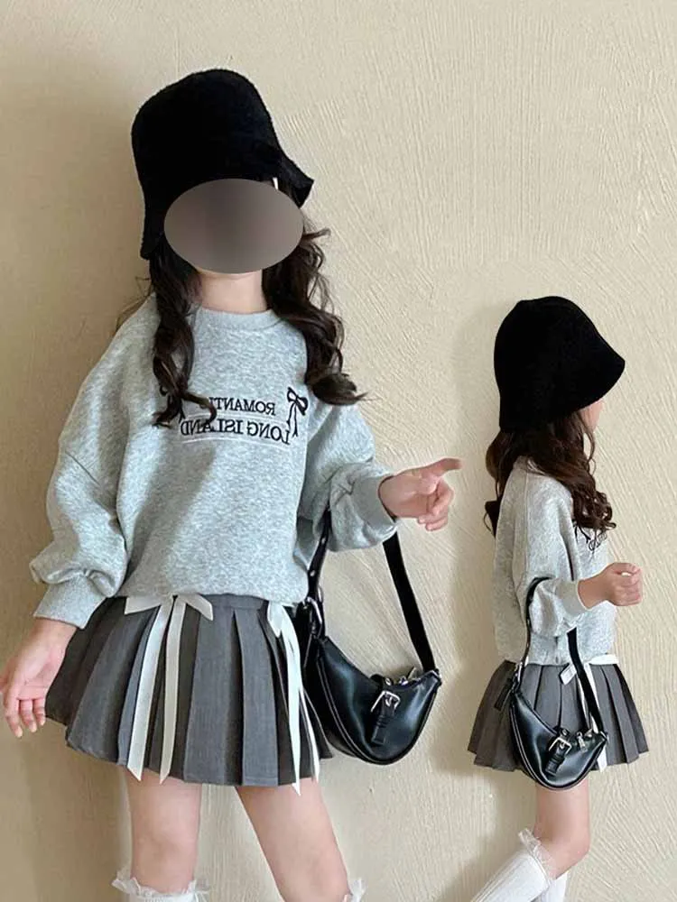 Hnq-Girls' Suit Autumn New Long-Sleeved Letter Sweater+Pleated Skirt2Set Children One Piece Dropshipping