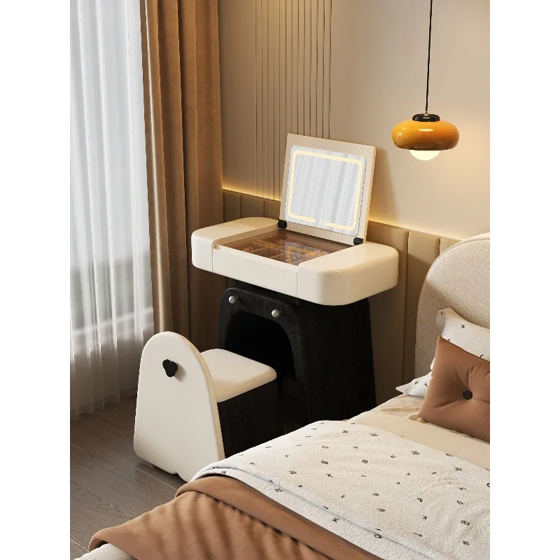 Modern clamshell dresser table and chairs integrated hidden mirror storage makeup table