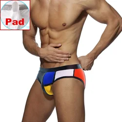 Swimwear Men Brief With Pad Low Waist Sexy Contour Pouch Bikini Swimsuit Waterproof Swimming Trunks Patchwork Gay Beach Shorts