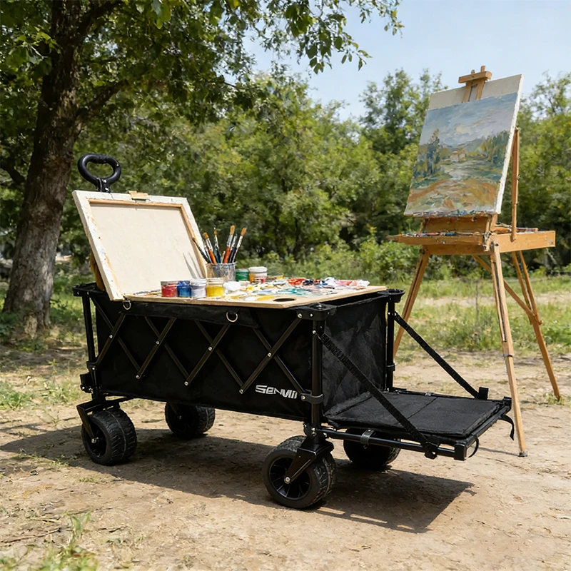 Multi-functional foldable portable cart for beach camping, shopping, walking with children, picnics, and outdoor activities.