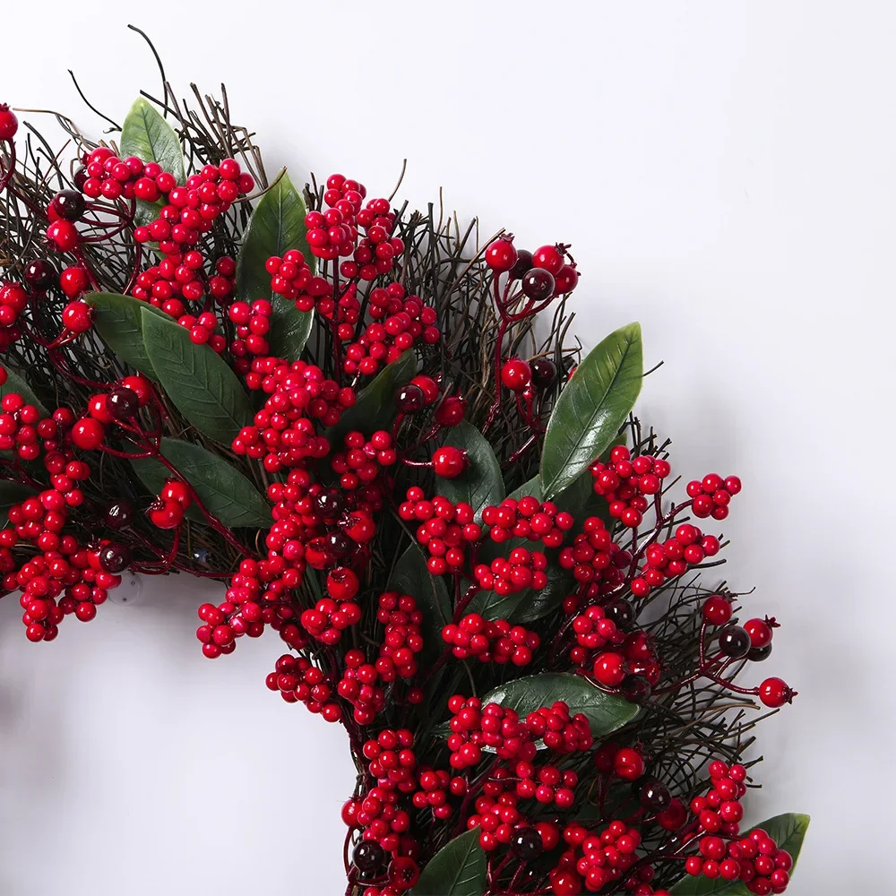 Loeoi Christmas Decoration Wreaths for Front Door Handmade Cypress Leaf Red Berry Pine Wreath Xmas Home Wall Window Decor