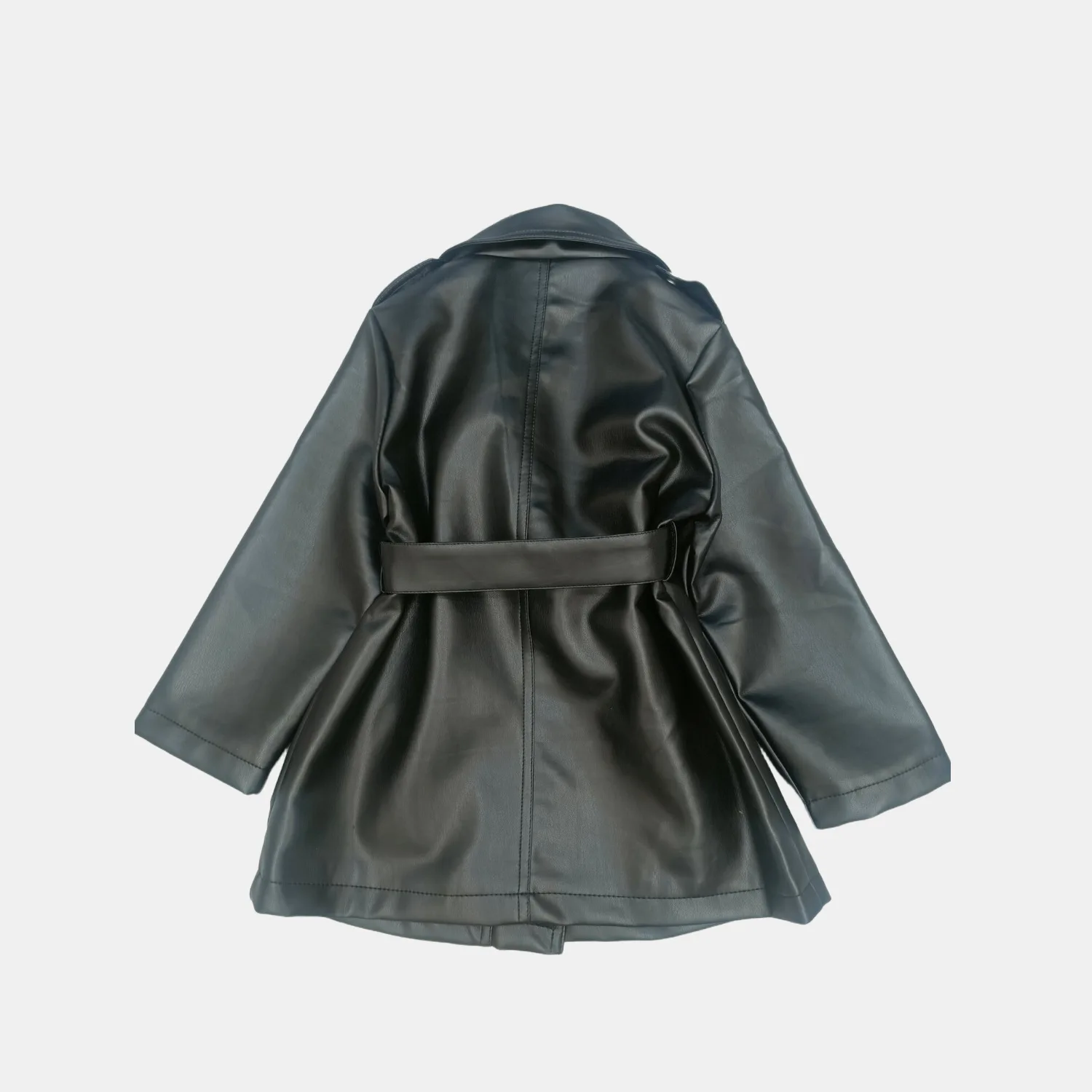 Girls' spring trench coat, PU leather jacket with lapel, long sleeve windbreaker, spring and autumn mid-length jacket coat