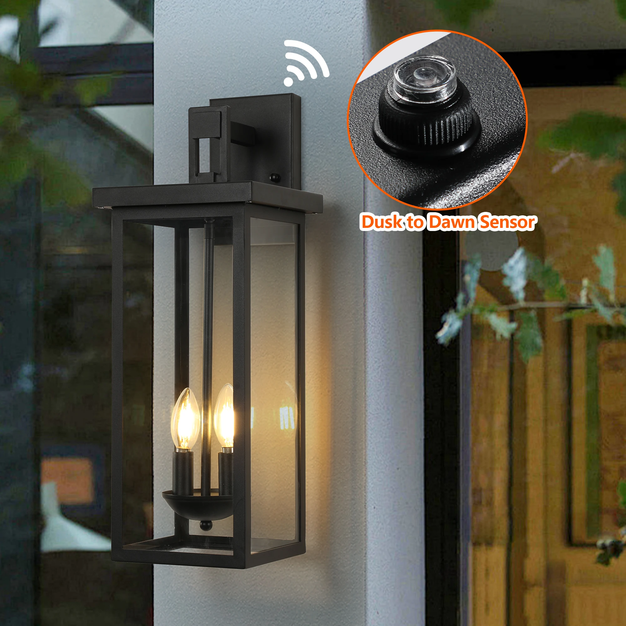 

22"(H) Outdoor Wall Lantern with Dusk to Dawn Sensor Matte Black Finish Clear Glass Panels Weatherproof Exterior Light