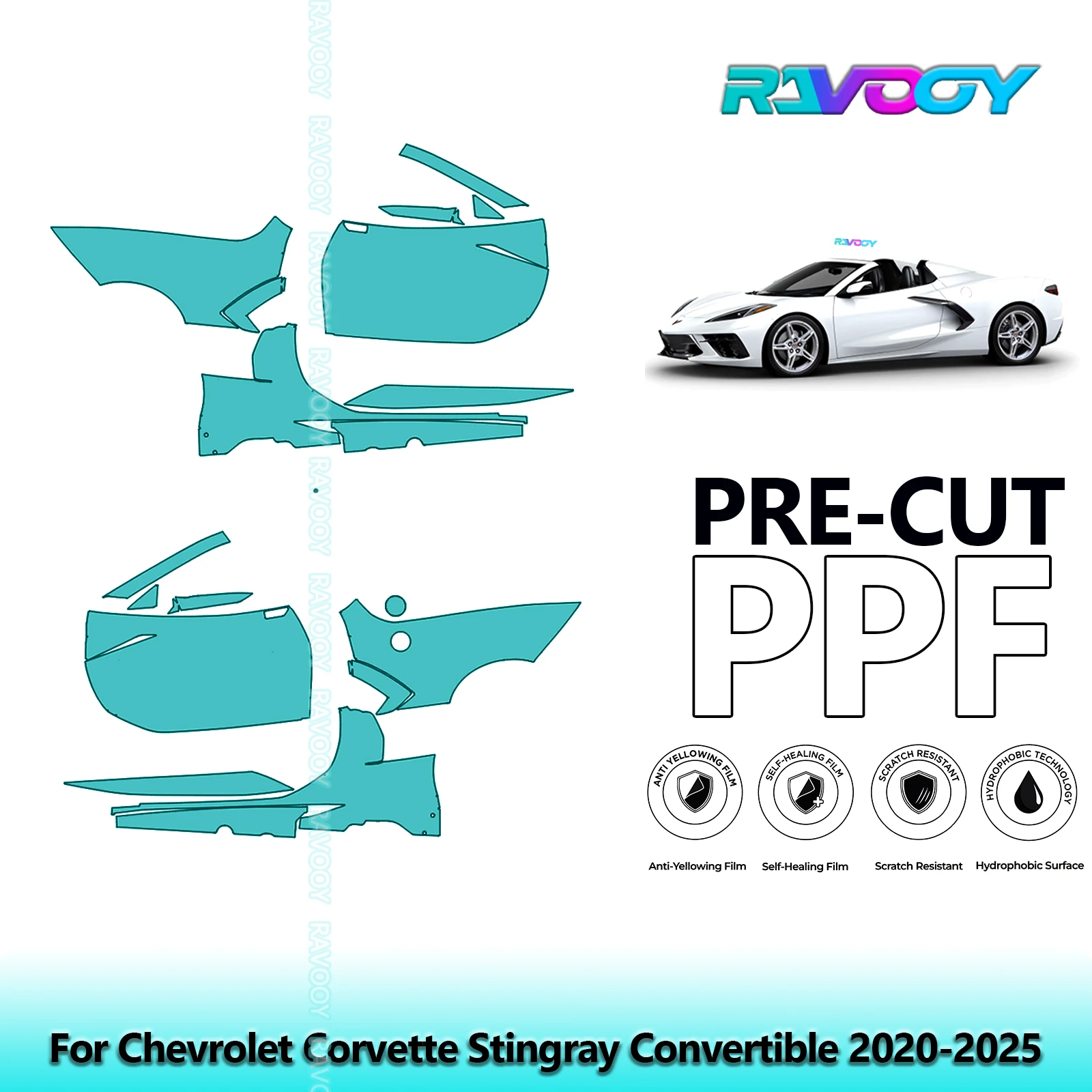 

For Chevrolet Corvette Stingray Convertible 2020-2025 8.5mil Pre-Cut PPF Door & A/B Pillar Kit TPU Paint Protection Film Set