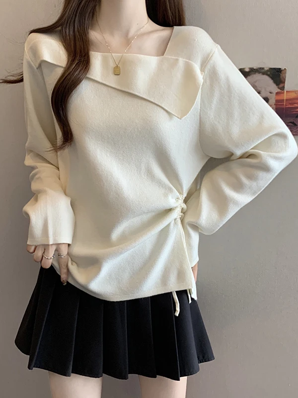 Slimming Design Knitted Base Shirt One Shoulder Long Sleeve Square Collar Women's Spring Autumn plus Size Drawstring Top