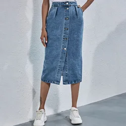 Fashion Single Breasted Knee Length Denim Skirt Women Streetwear Casual Pocket High Waist Straight Jeans Skirt New