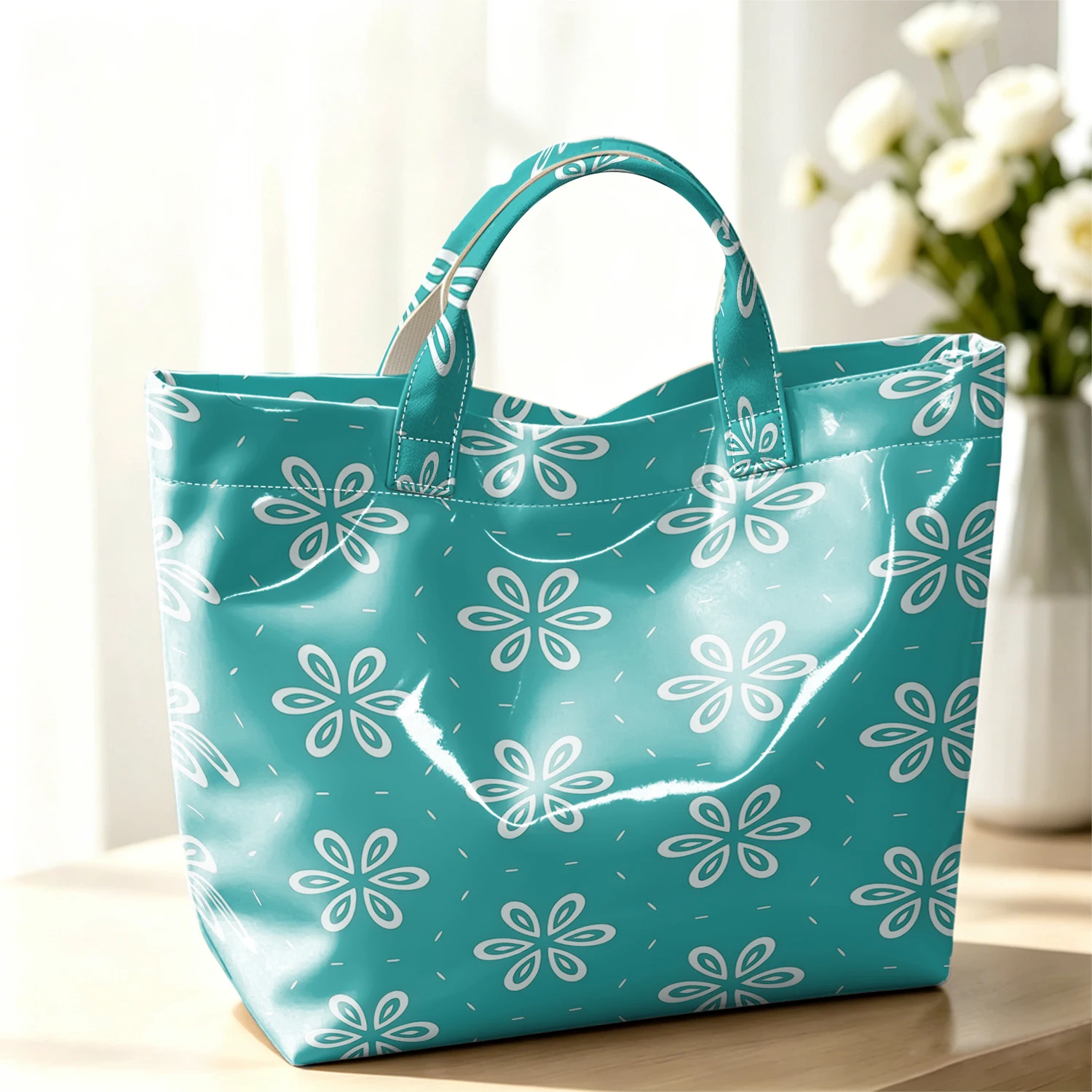 Bolso Tote Grande de PVC Brillante Color Verde Azulado, Resistente al Agua y Lavable a Mano, Ideal para Viajes, Trabajo, Maquillaje y Almacenamiento