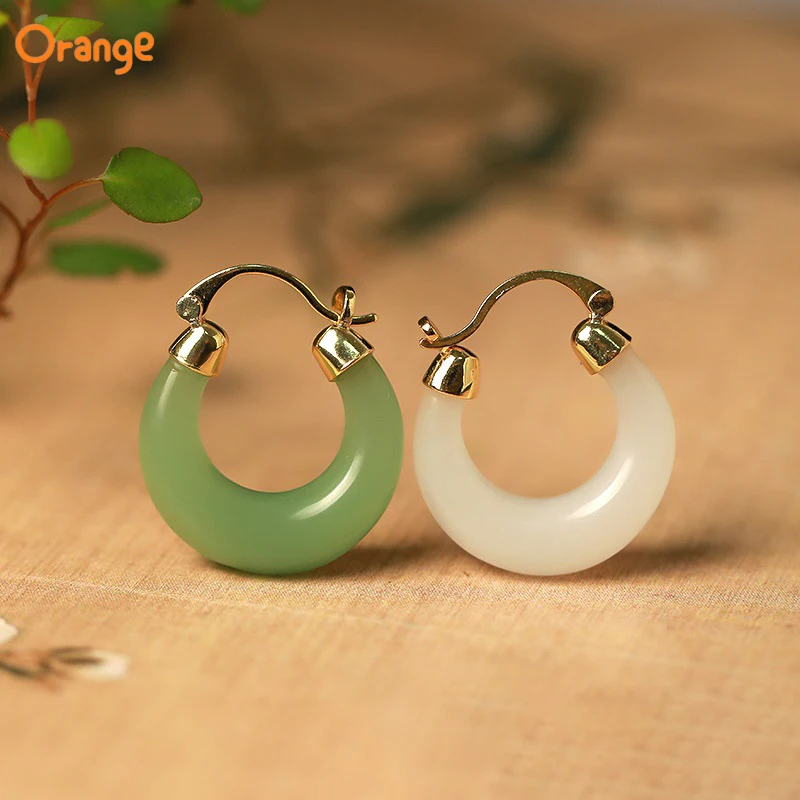 Natural Gold Silk Jade Crescent Earrings Fashion Luxury Elegant Female Mascot High Selling Couple Gifts