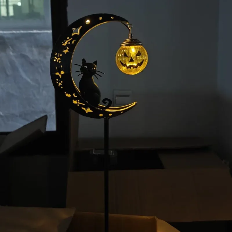 Solar Halloween Pumpkin Moon Cat Floor Plug Lamp Garden Light Ghost Festival Black Cat Decoration Ornament