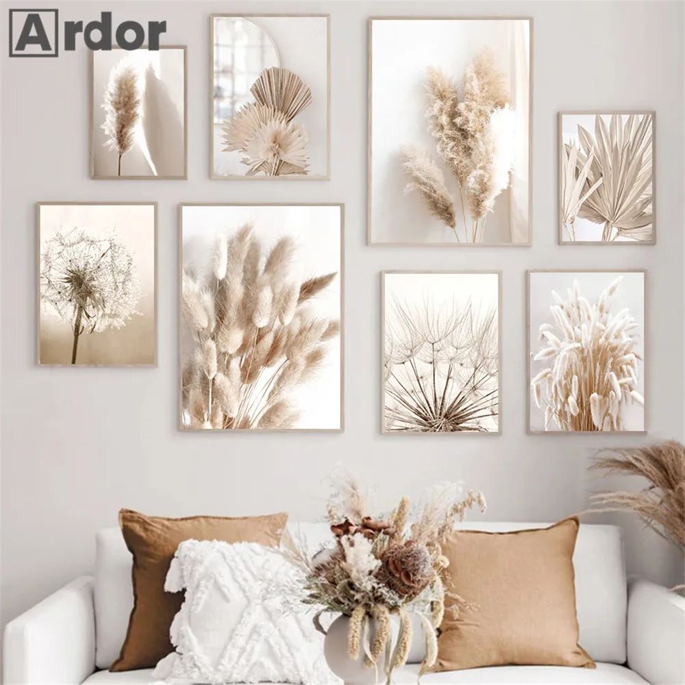 Beige Leaf Reed Posters Beach Canvas Print Dried Flower Art Poster Dandelion Prints Painting Nordic Wall Pictures Bedroom Decor