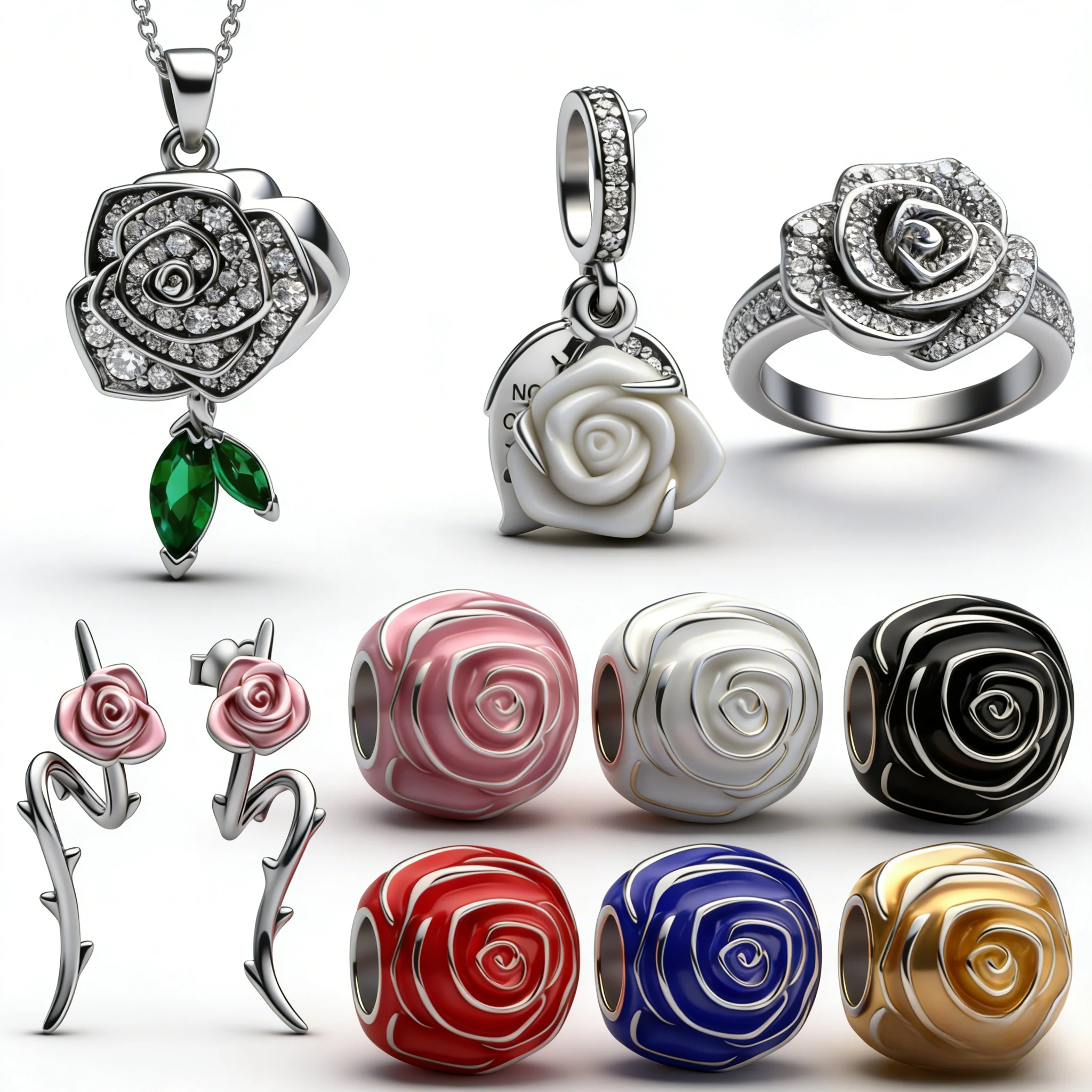 

Original 925 Sterling Silver Grand Rose Bloom Collection Fit Charm Beaded Necklace Earrings Women's Jewelry Making Gift