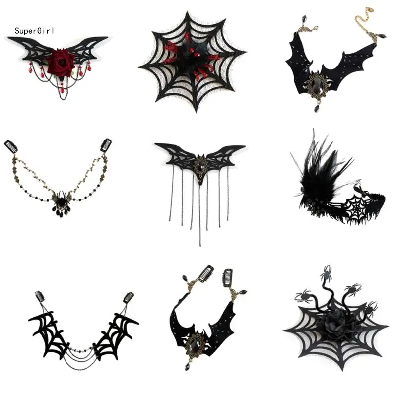 Feathered Headband Bat Headpiece Bat Necklace Head Chain Halloween Headdress Decoration for Women Halloween Dress up J78E