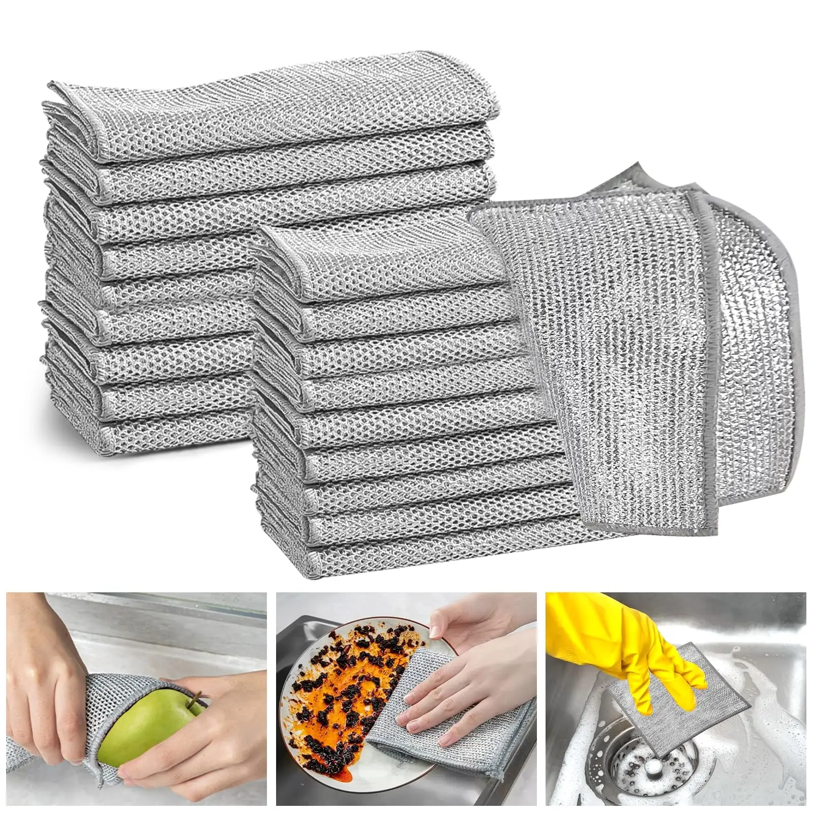 5-20Pack Multipurpose Steel Wire Dishwashing Cloth - Highly Efficient Dual-Use Wet & Dry Cleaning Rags, Durable Mesh Scrubber for Heavy Duty Oil & Grease Removal