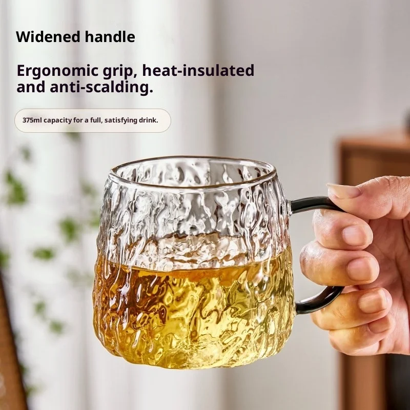 

Heat Resistant Glass Water Cup Transparent Glacier Mug with Dark Green Handle Coffee Cup for Hot Beverages