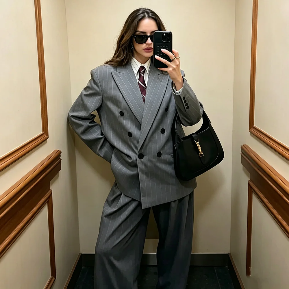 

Fashion Grey Stripe Female Suit Double Breasted 2 Pieces Boutique Blazer Set Smart Casual Jacket+Wide-leg Pant Customized