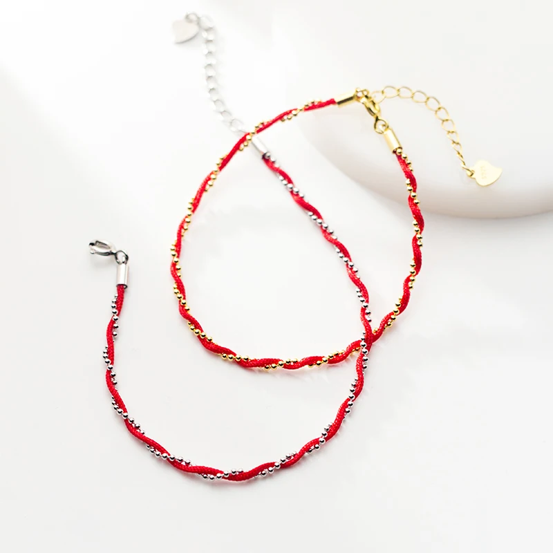 Modian Red Rope Beads Bracelet for Women Fashion Pure 925 Sterling Silver Adjustable Geometric Link Chain Bracelet Fine Jewelry