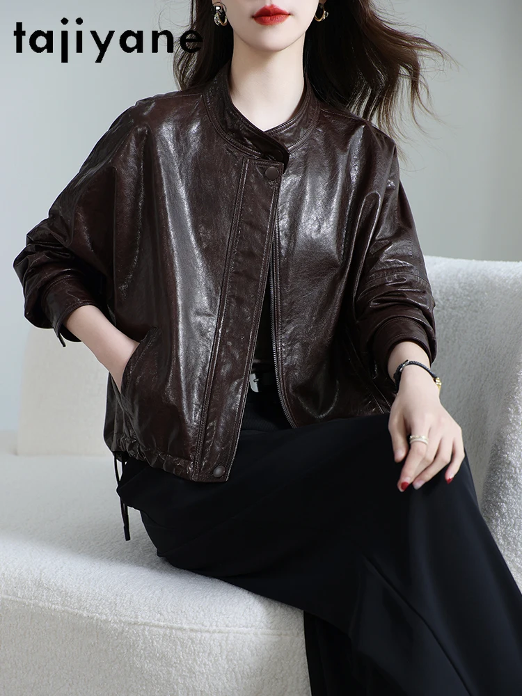 เสื้อแจ็คเก็ตหนังแกะแท้ 100% ยี่ห้อ TAJIYANE สำหรับผู้หญิง รุ่นสั้น เสื้อโค้ทหนังแท้คุณภาพพรีเมียม คอลเลคชั่นฤดูใบไม้ร่วง 2025 เสื้อผ้าผู้หญิง