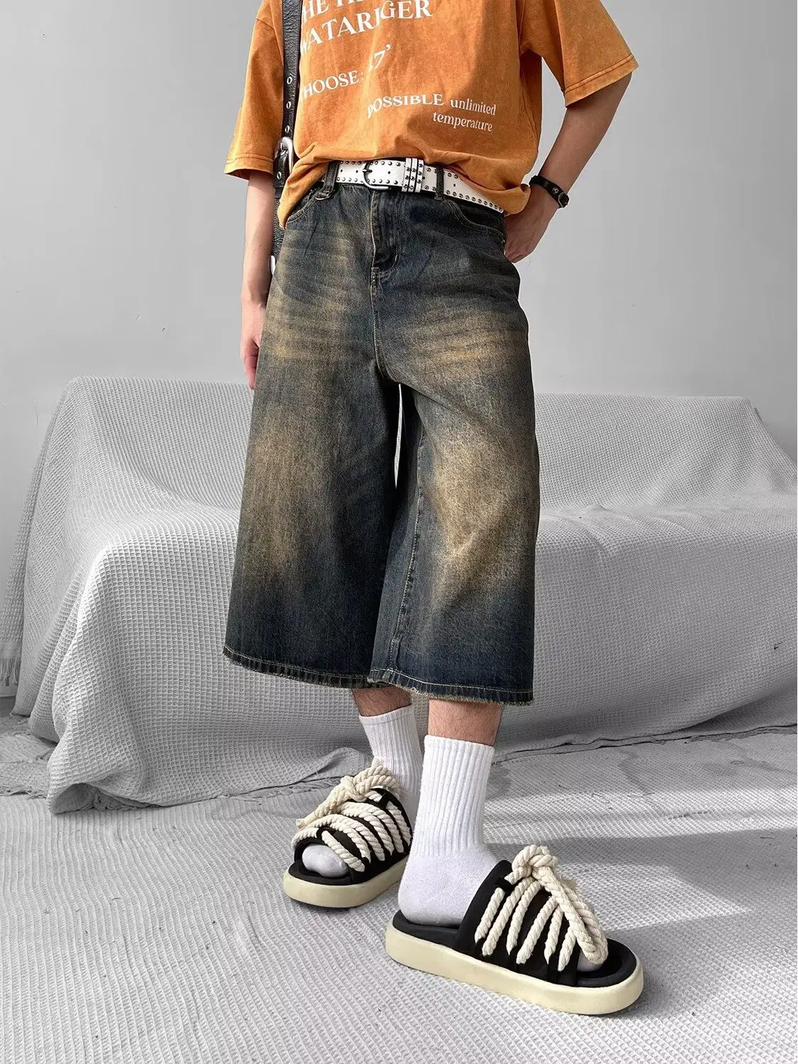 

Мужские джинсы с американской талией в стиле ретро, летние свободные утягивающие универсальные джинсы до середины икры с прямыми штанинами и широкими штанинами на семь футов