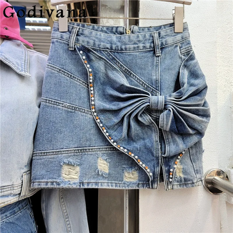 

Summer New Three-dimensional Bow Bead A-line Short Denim Skirt Sweet Girl High Waist Fashion Versatile Blue Age-reducing Skirts