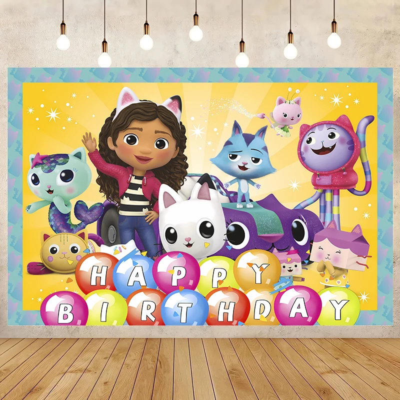 

Cartoon Anime Gabby Dollhouse Happy Birthday Banner Backdrop Kids Party Photography Background Poster Wall Art Home Decor