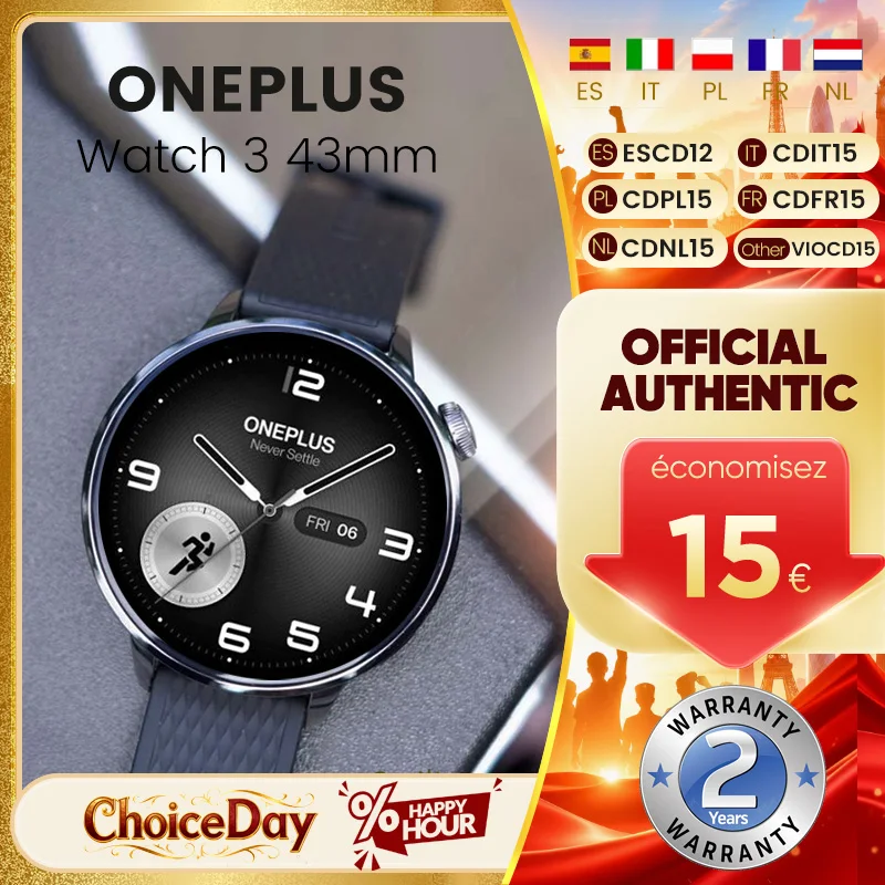 Version globale de la montre connectée OnePlus Watch 3, 43 mm, écran AMOLED de 1,32 pouce, processeur Snapdragon W5, GPS double fréquence, Wear OS