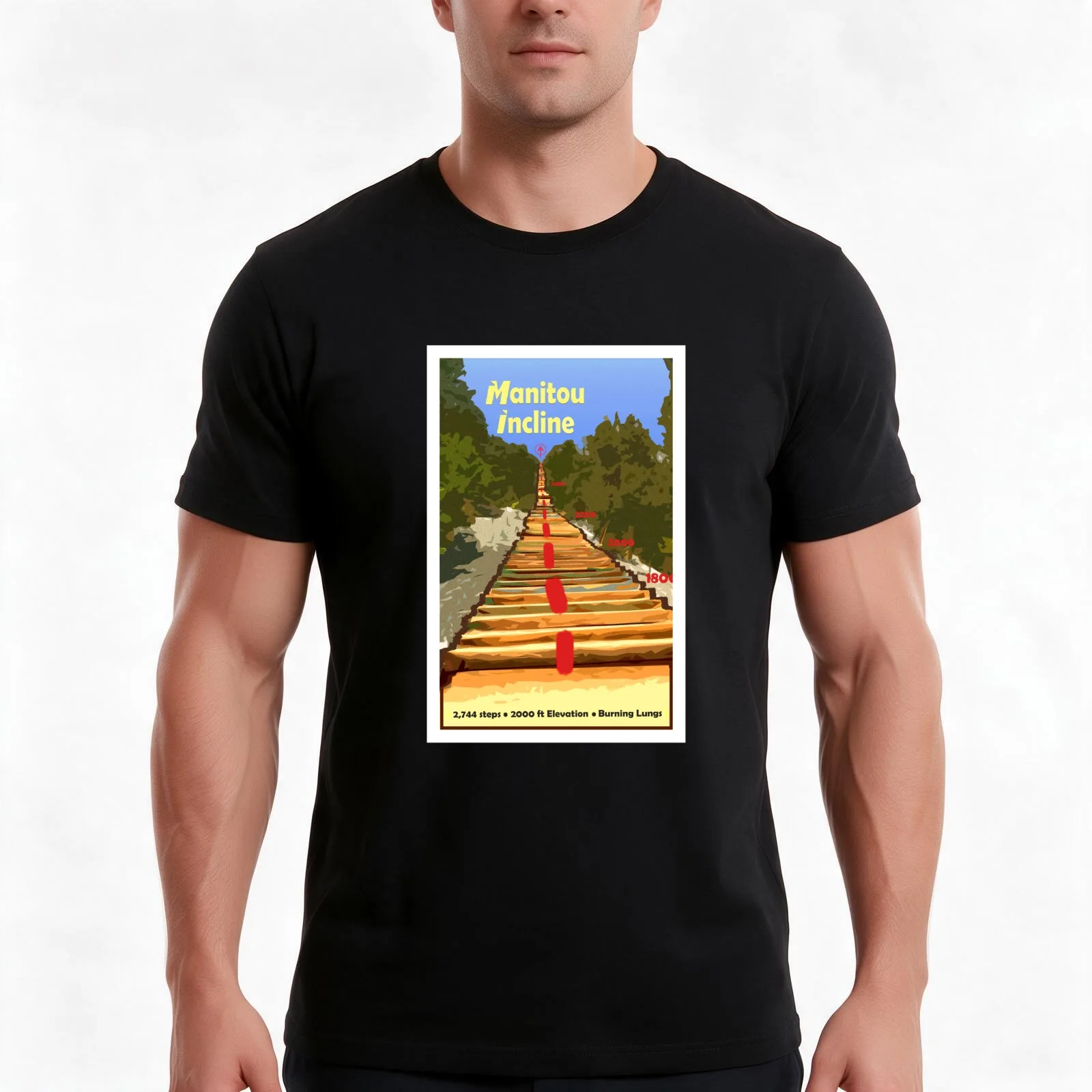 Manitou Incline Hike Artwork T-Shirt, Summer Casual Cotton Tee, Oversized Streetwear Tops, Vintage Graphic Print, 100% Cotton