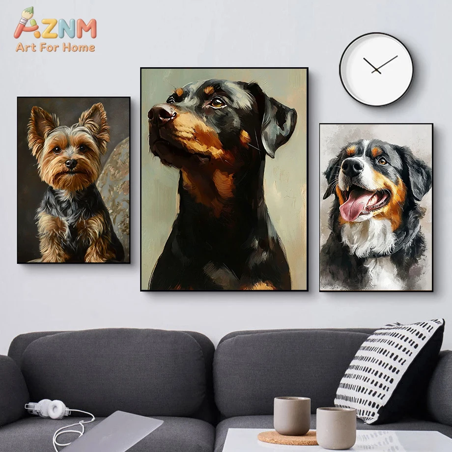 AZNM Vintage Oil Painting Yorkshire Terrier Dog Canvas Wall Art, Realistic Pet Portrait Print, Frameless Modern Dog Lover Canvas
