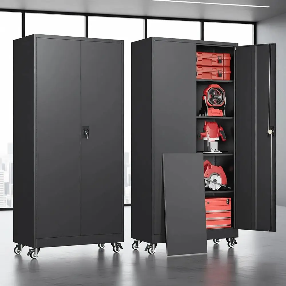 

75 Rolling Steel Tool Cabinet with Lock, 2-Door Storage Cabinet on Wheels for Garage, Workshop, or Home Office - Black