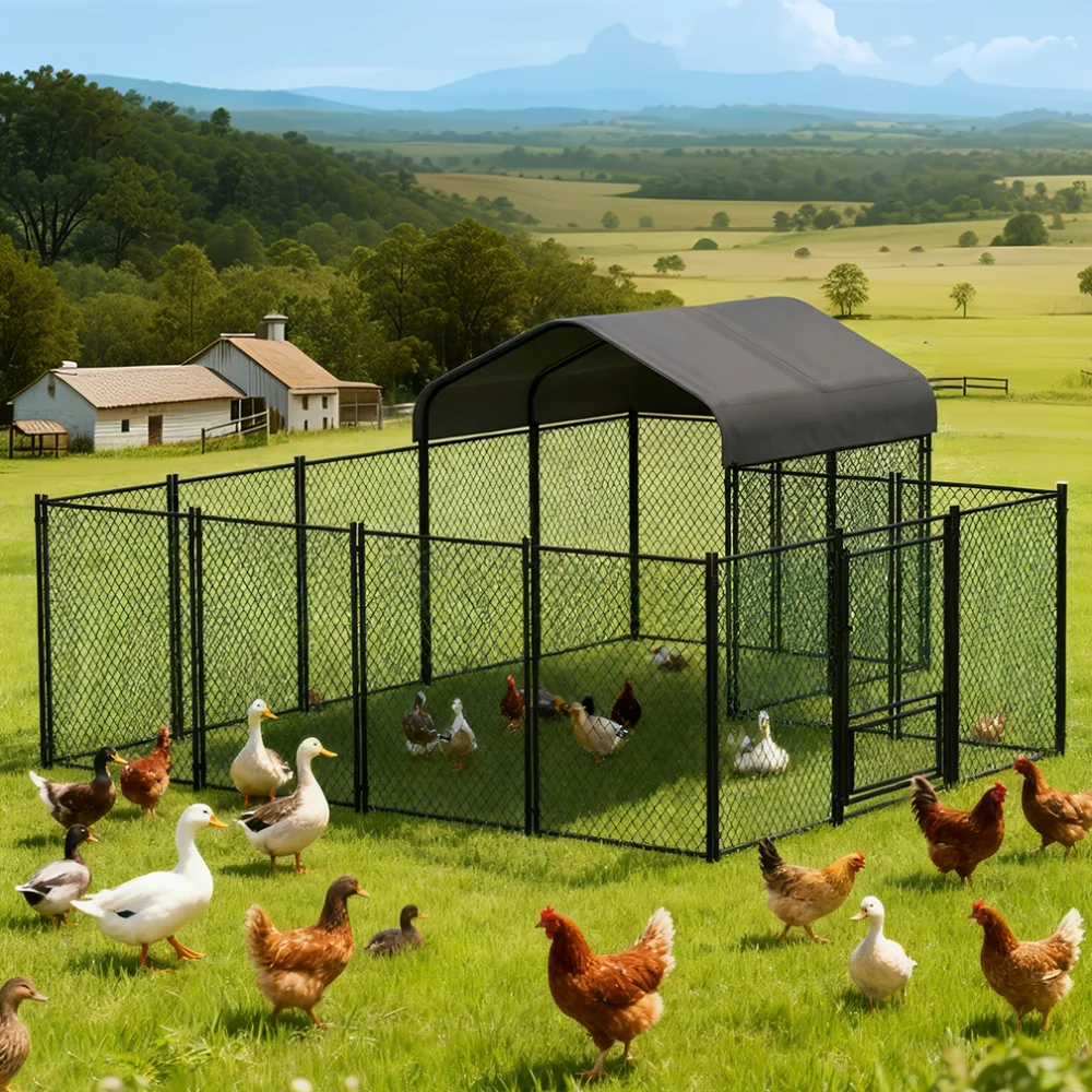 Heavy Duty Large Chicken Run Coop Cage Walk In Coop Poultry Hen Rabbit Metal Kennel Hutch Pen with Waterproof UV Cover Outdoor