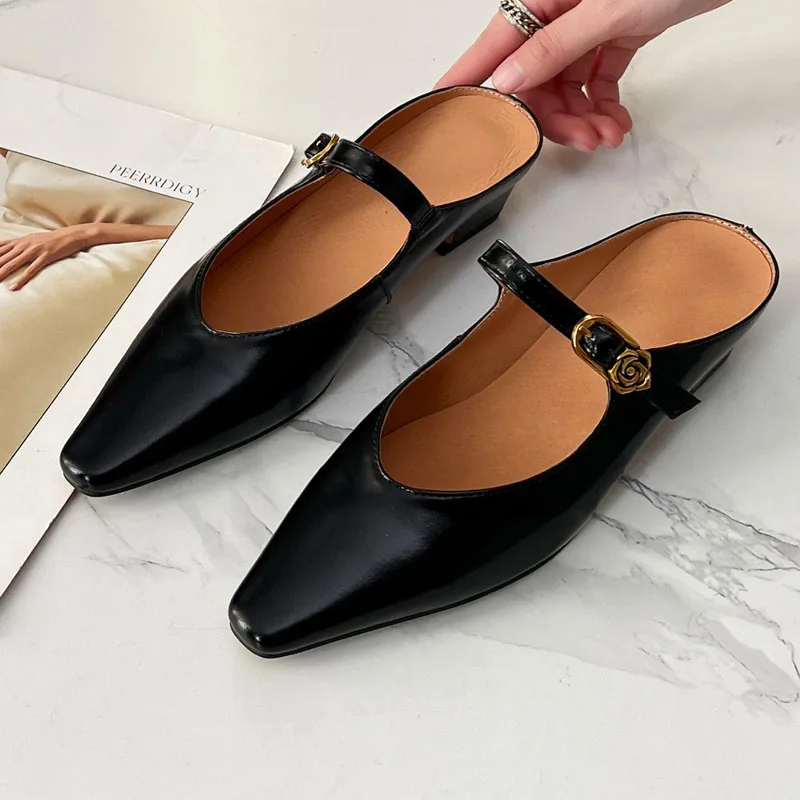 

Genuine Leather Baotou Shoes Women's Half Slippers Outdoor Beach Casual Sandals Slippers Fashion Mule Flats Comfortable Shoes