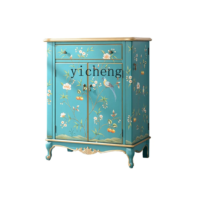 XL Painted Shoe Cabinet Hall Cabinet Antique Entrance Cabinet Hand Painted Retro Curio Cabinet