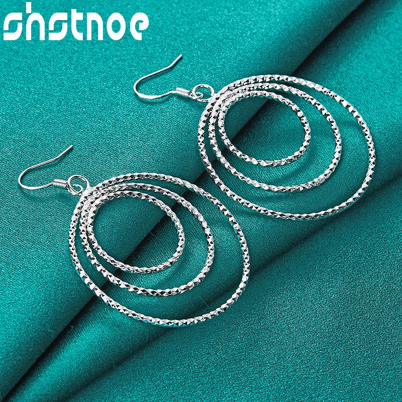 

SHSTONE 925 Sterling Silver Frosting Three Circle Drop Earrings For Women Party Birthday Engagement Wedding Fashion Fine Jewelry