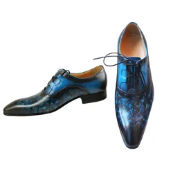 2022 Summer Brogues Pure Leather Handmade Wedding Dress Designer Pointed Toe Adult Lace Up Blue Black, Black Men's Shoes Adult