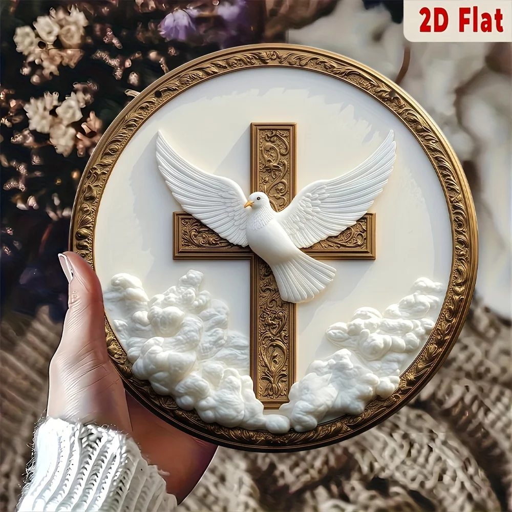 Christliche Tauben-Metallwandkunst 8 Zoll Runde Kreuz-Plakette Religiöse Heimdekoration Gold Geschenk Kirche Hängende Dekoration Spirituelles Ornament